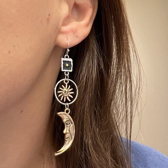 Celestial Sun Crescent Moon & Stars Silver & Gold Mixed Metals Dangle Earrings - Picture 2 of 4